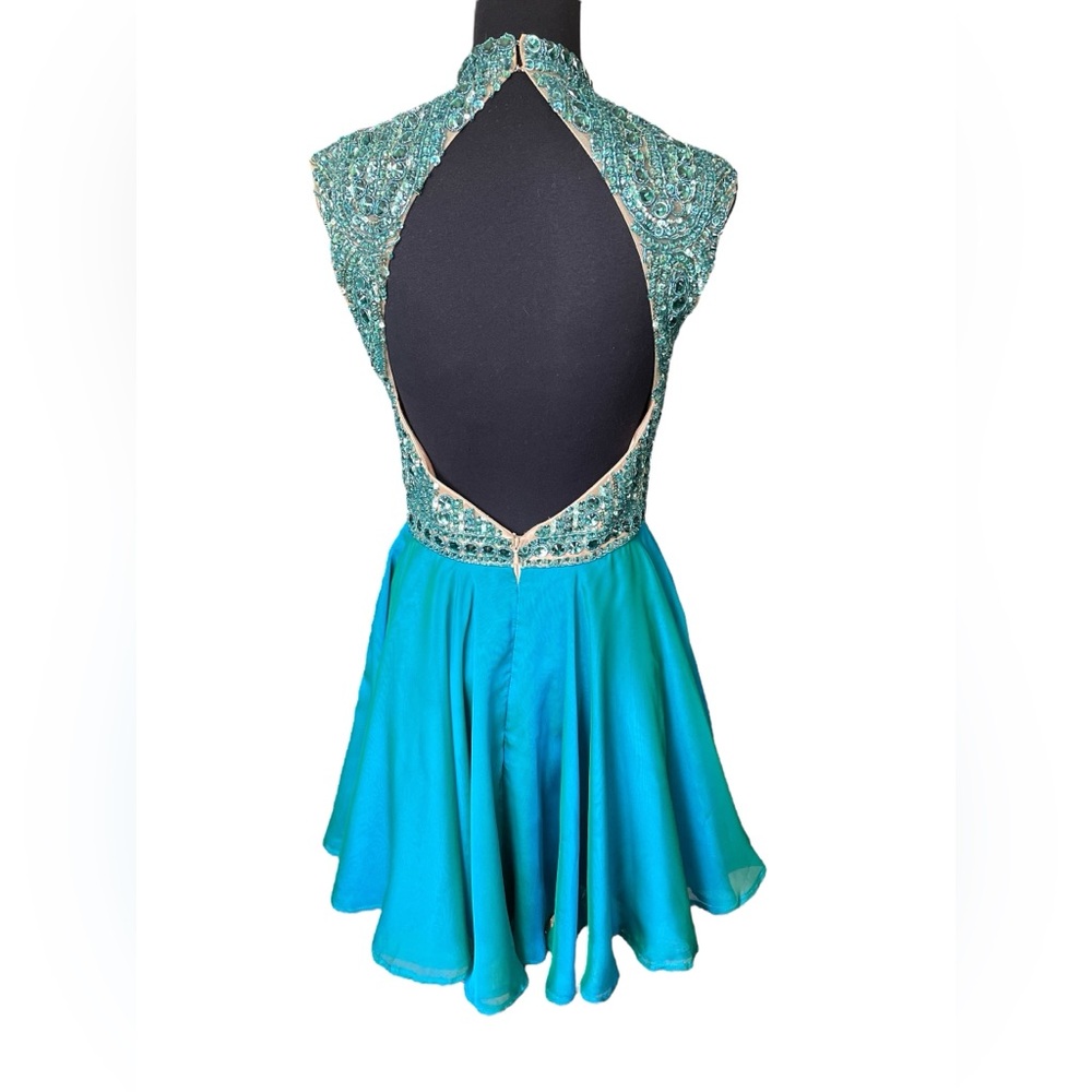 Sherri Hill Teal Beaded & Chiffon Open Back Short Prom Dress, Size 8, Dance - Picture 3 of 12